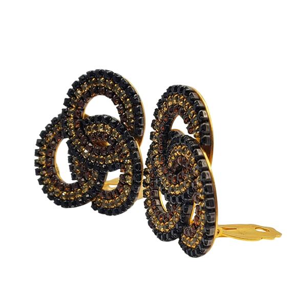 Designer Clip Earrings Roxanne Assoulin Infinity Knot Black Gold Brown Crystal - Picture 2 of 10